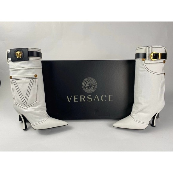 VERSACE Stiletto White Denim Boots 39 - Picture 5 of 12
